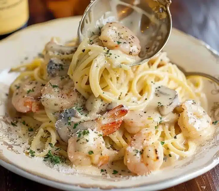 A creamy Champagne pasta dish topped with grated Parmesan cheese
