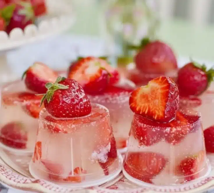Champagne & Strawberry Jelly 4 Delicious Champagne Jelly with fresh strawberries served in elegant dessert dishes