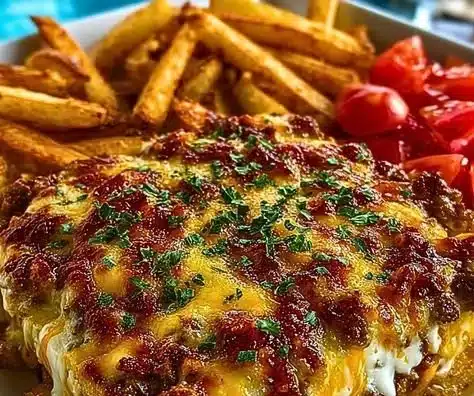 Cheeseburger casserole with French fries, melted cheese, and ground beef.