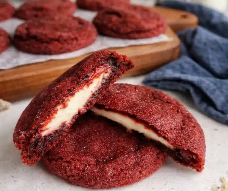 Cheesecake stuffed red velvet cookies on a plate