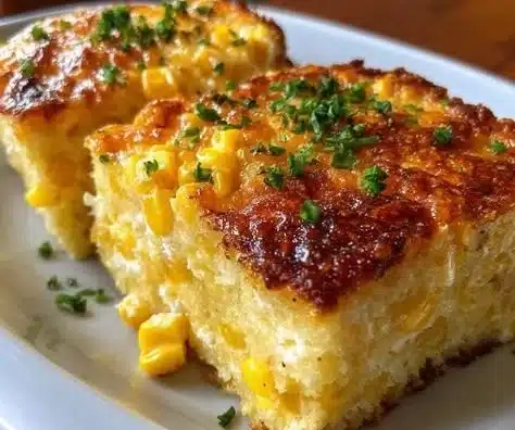 Cheesy Cream Cheese Corn Casserole served in a baking dish
