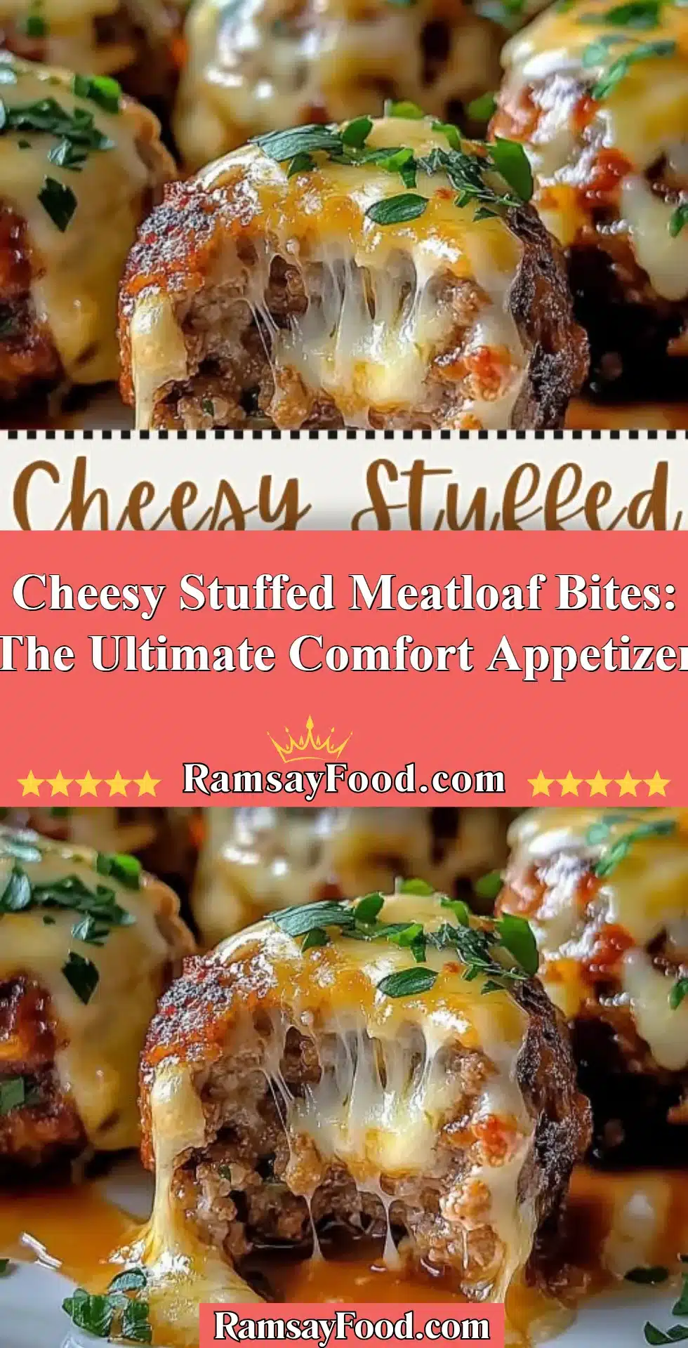 Cheesy Stuffed Meatloaf Bites: The Ultimate Comfort Appetizer 2 Cheesy stuffed meatloaf bites served as a comforting appetizer