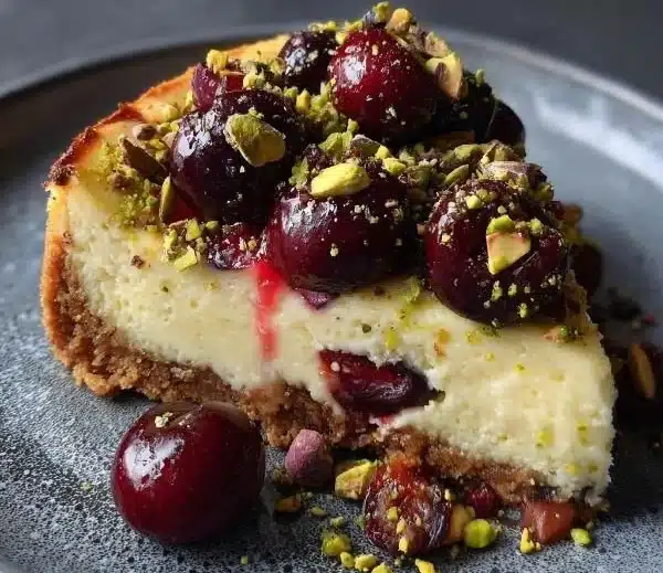 Delicious Cherry Pistachio Cheesecake with cherry topping and pistachio garnish