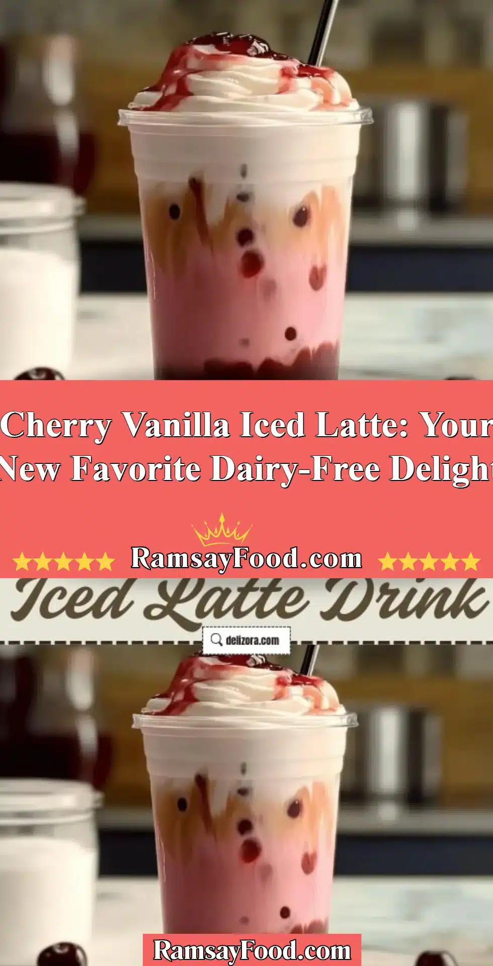 Chilled cherry vanilla iced latte in a glass with vibrant cherries and milk alternative.