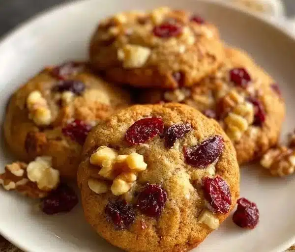 Chewy spiced cranberry cookies with walnuts on a baking tray.