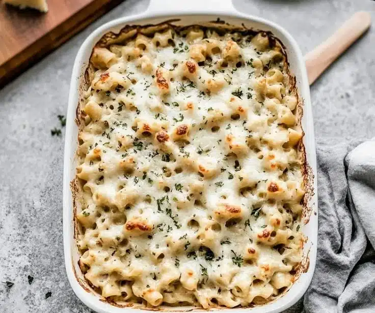 Chicken Alfredo Bake (Extra Cheesy!) 4 Cheesy Chicken Alfredo Bake topped with golden brown cheese