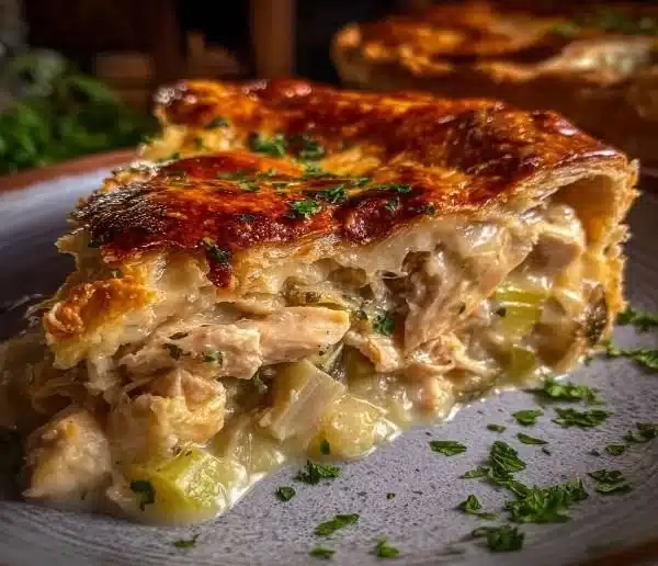 Chicken and Leek Pie 4 Homemade Chicken and Leek Pie served on a rustic wooden table