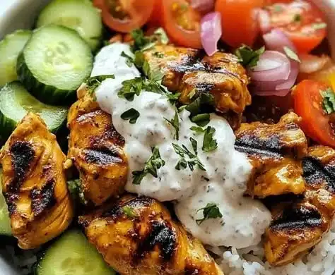 Chicken Shawarma Rice Bowl with fresh vegetables and spices