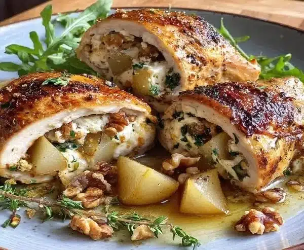 Chicken stuffed with pears and cheese, garnished and ready to serve.