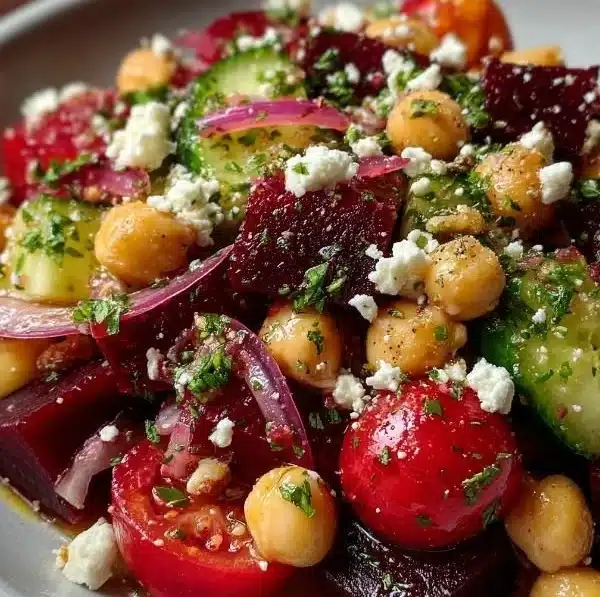 Chickpea Beet Feta Salad with Lemon-Garlic Vinaigrette served in a bowl