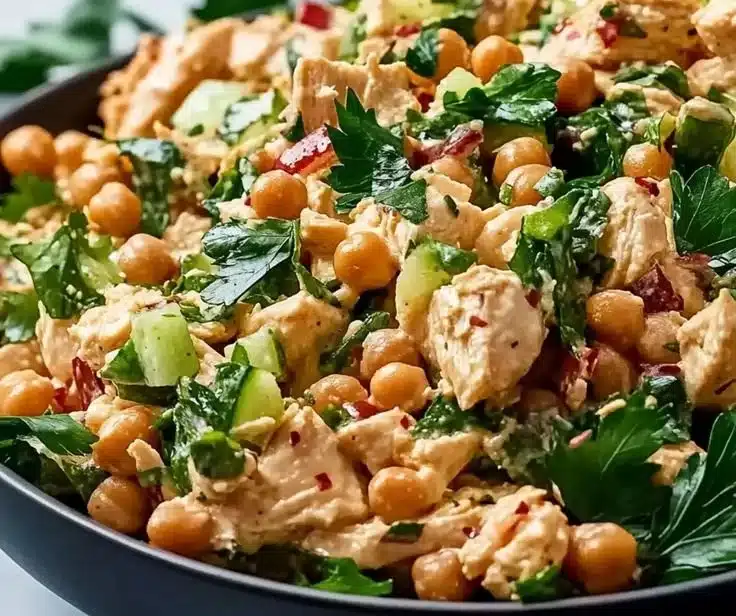 Delicious Chickpea Chicken Salad served in a bowl with fresh vegetables.