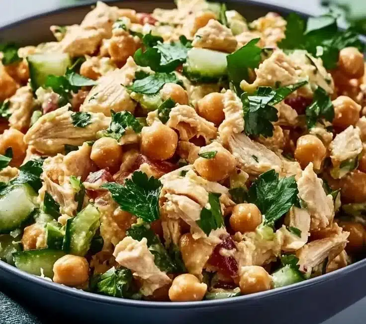 Chickpea chicken salad with fresh vegetables and dressings.