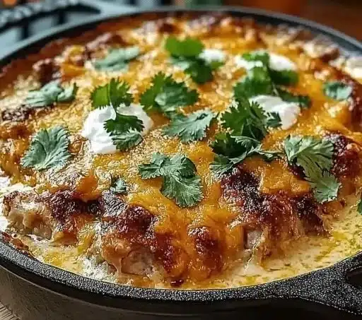 Cheesy Chili Chicken Queso Bake served in a dish, perfect for gatherings