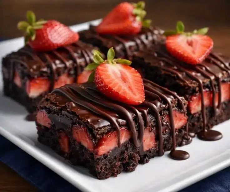 Delicious chocolate covered strawberry brownies on a white plate.