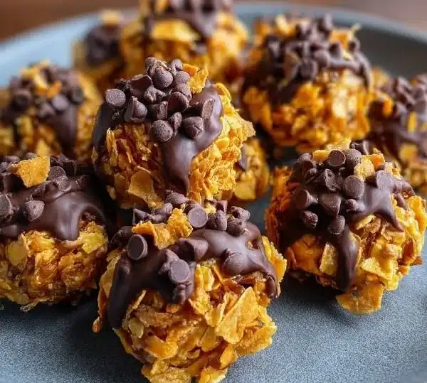 Chocolate Peanut Butter Cornflake Bites 6 Chocolate peanut butter cornflake bites stacked on a plate.