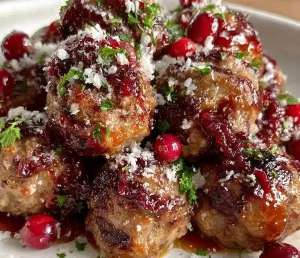 Christmas Cranberry Meatballs 7 Delicious Christmas Cranberry Meatballs served on a festive platter.