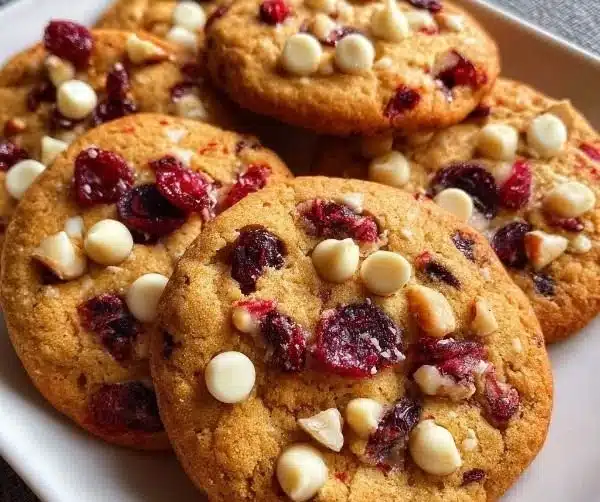 Christmas Cranberry Orange Cookies 9 Delicious Christmas Cranberry Orange Cookies on a festive plate.