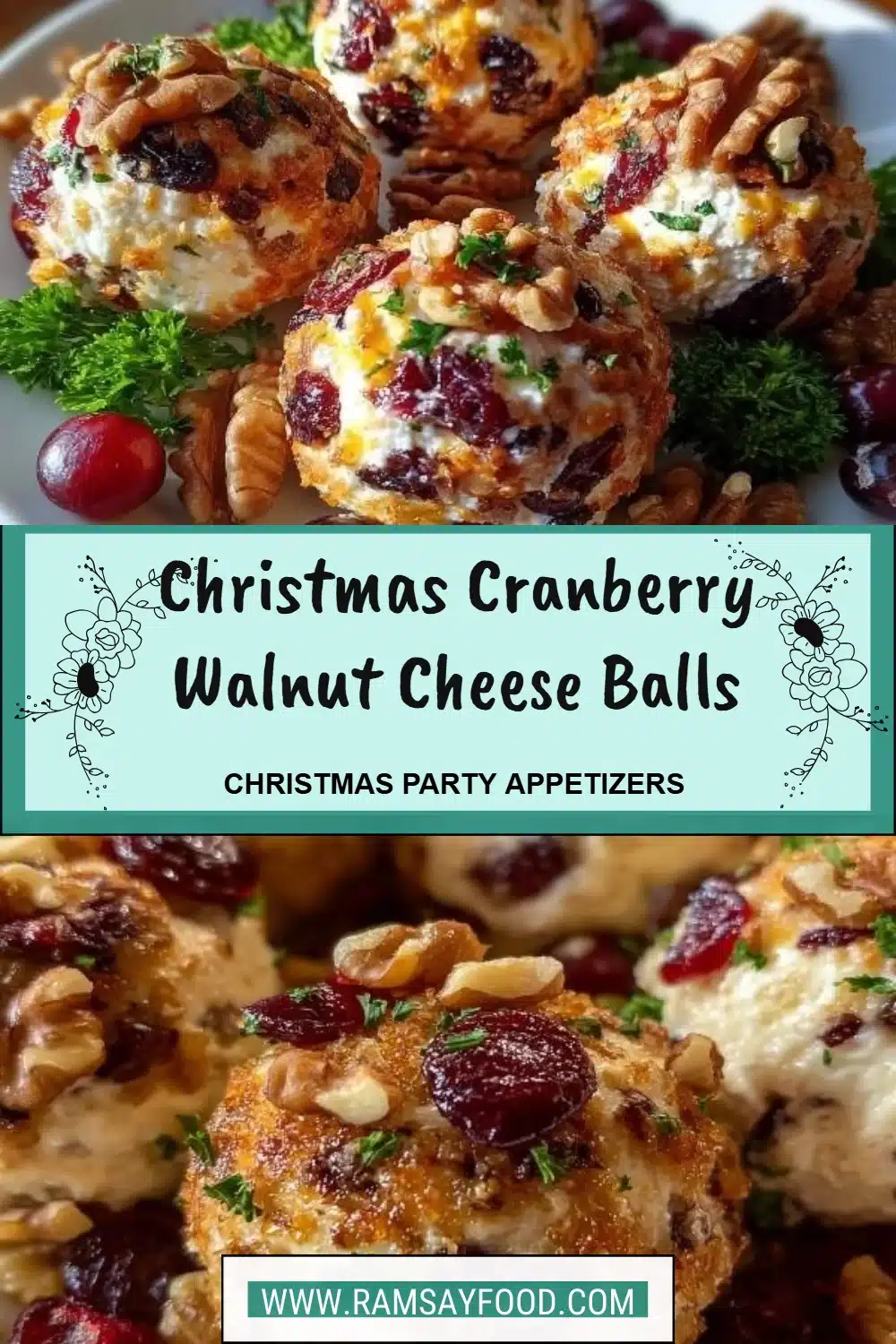 Christmas Cranberry Walnut Cheese Balls 2 Festive Christmas cranberry walnut cheese balls on a serving platter.