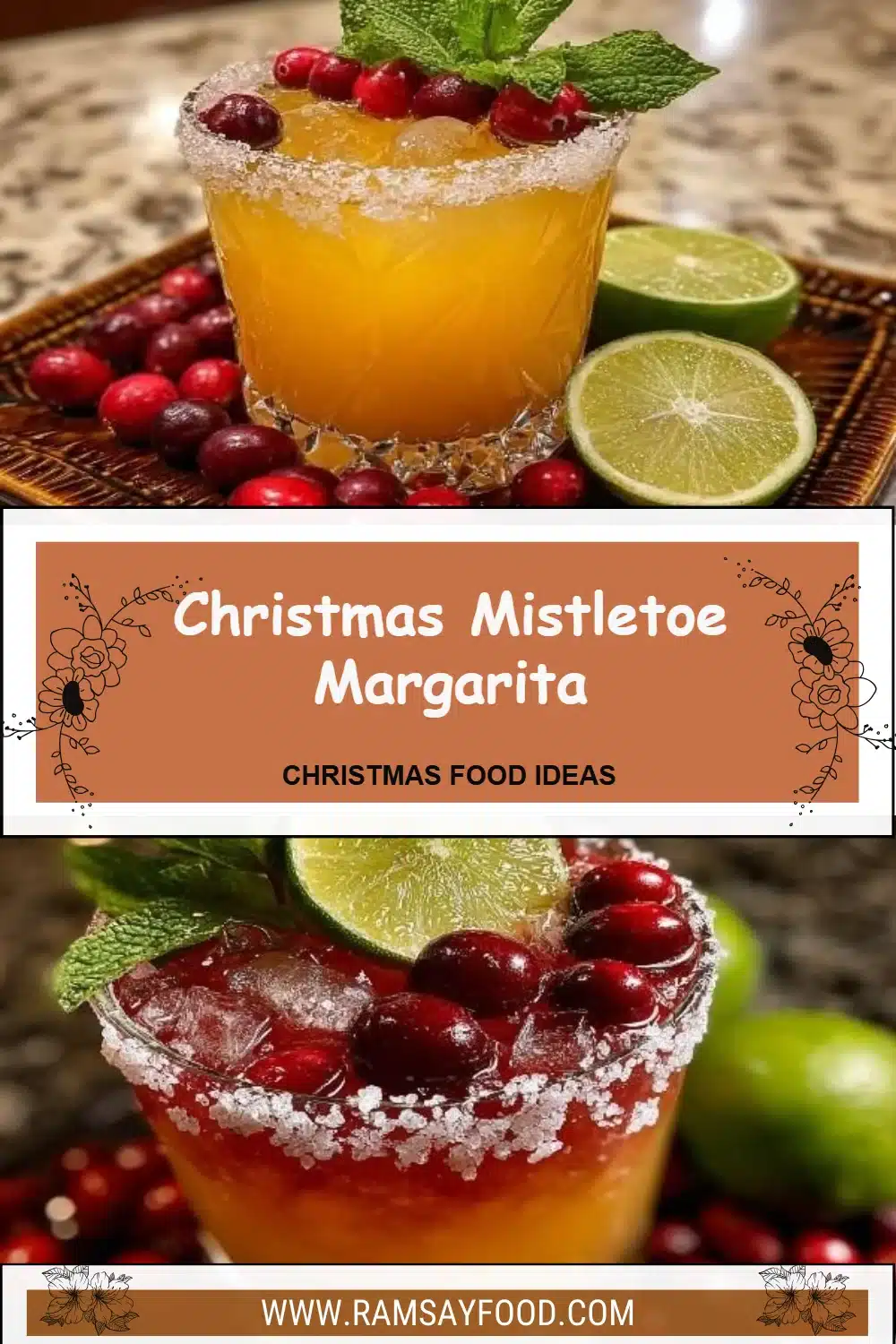 A festive Mistletoe Margarita cocktail with lime and holiday decorations