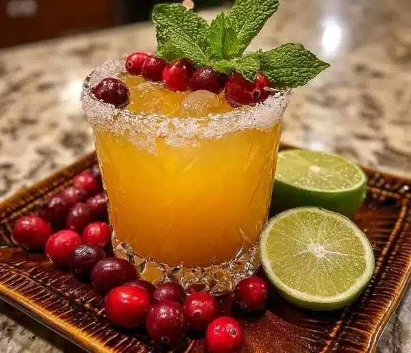 Christmas Mistletoe Margarita 5 Christmas mistletoe margarita served with festive decorations.