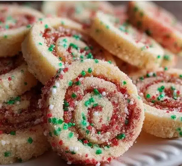 Christmas Pinwheel Cookies arranged on a festive platter