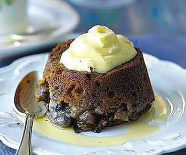 Delicious Christmas pudding served with creamy brandy butter on a festive table