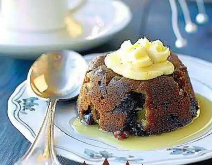 Delicious Christmas pudding served with rich brandy butter topping.
