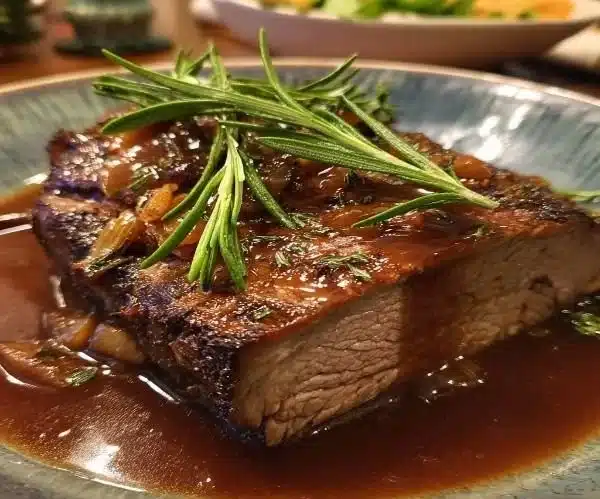 Christmas roast beef served with red wine gravy on a festive table