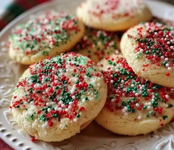 Christmas Sprinkle Sugar Cookies 6 Colorful Christmas sprinkle sugar cookies on a festive plate