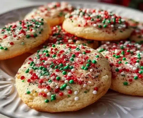 Christmas Sprinkle Sugar Cookies 6 Colorful Christmas sprinkle sugar cookies arranged on a festive plate