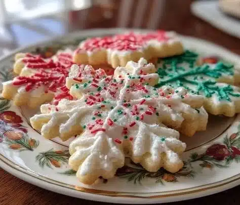 Christmas Sugar Cookies 8 Deliciously decorated Christmas sugar cookies on a festive plate.