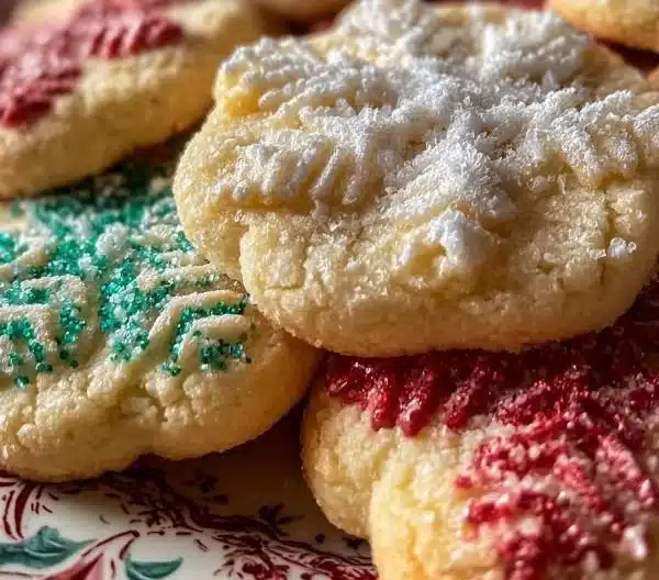Decorated Christmas sugar cookies on a festive plate