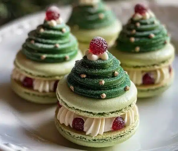 Festive Christmas Tree Cake Macarons decorated for the holiday season