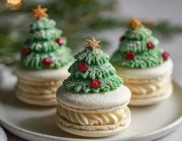 Festive Christmas tree cake macarons decorated in holiday colors