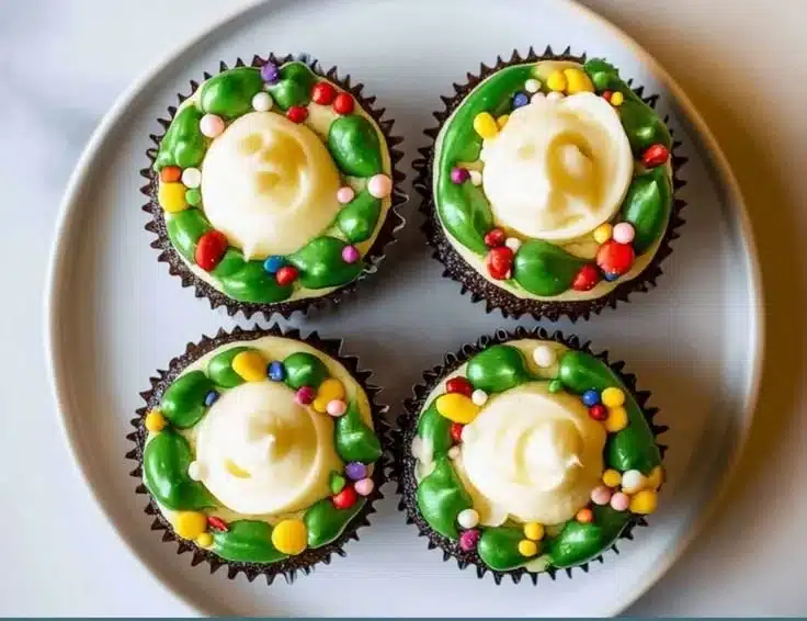 Festive Christmas Wreath Cupcakes decorated with colorful frosting and edible ornaments.