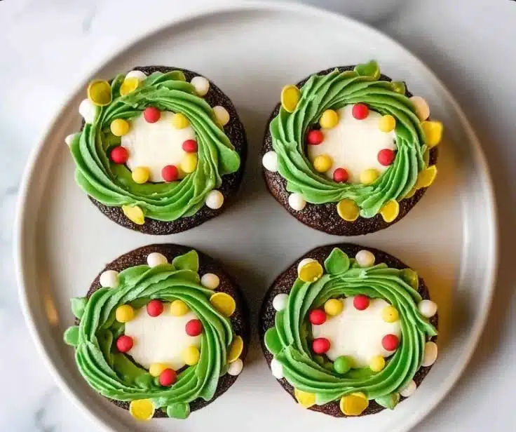 Decorated Christmas wreath cupcakes with festive green frosting and red accents.