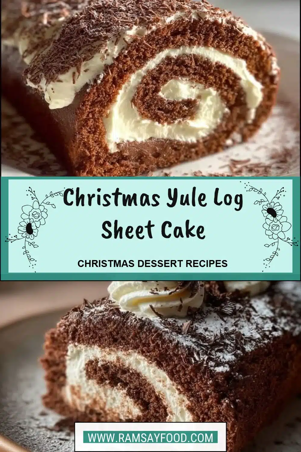 Christmas Yule Log Sheet Cake decorated with chocolate and festive accents