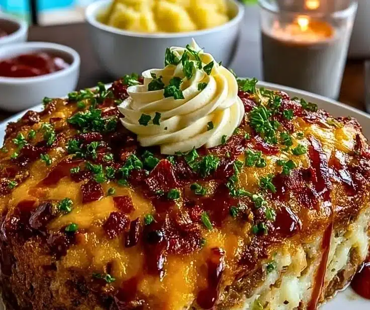 Classic Comfort Loaded Potato Meatloaf with mashed potatoes and herbs