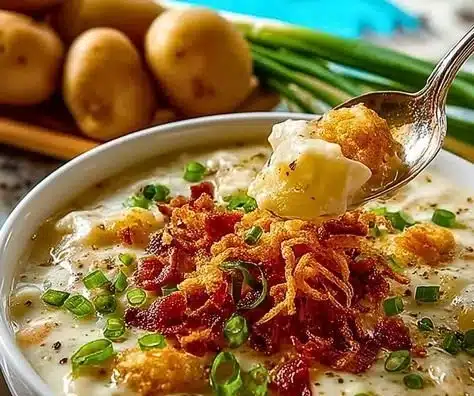 Bowl of Classic Crockpot Potato Soup garnished with herbs and crispy bacon