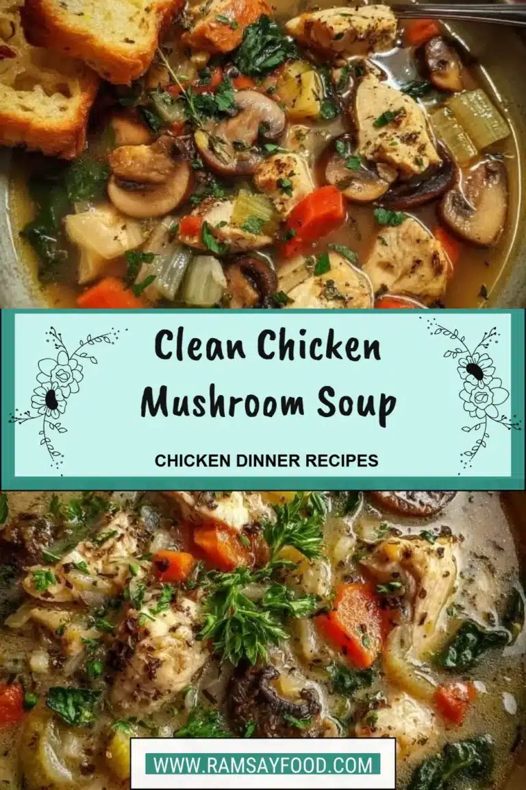 Clean Chicken Mushroom Soup 7 Bowl of clean chicken mushroom soup garnished with fresh herbs.