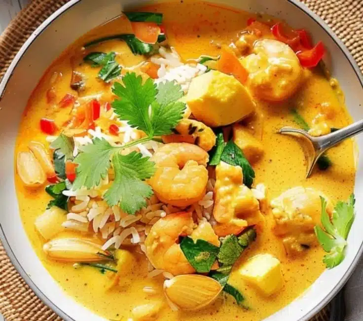Coconut ginger fish curry served with steamed rice in a bowl