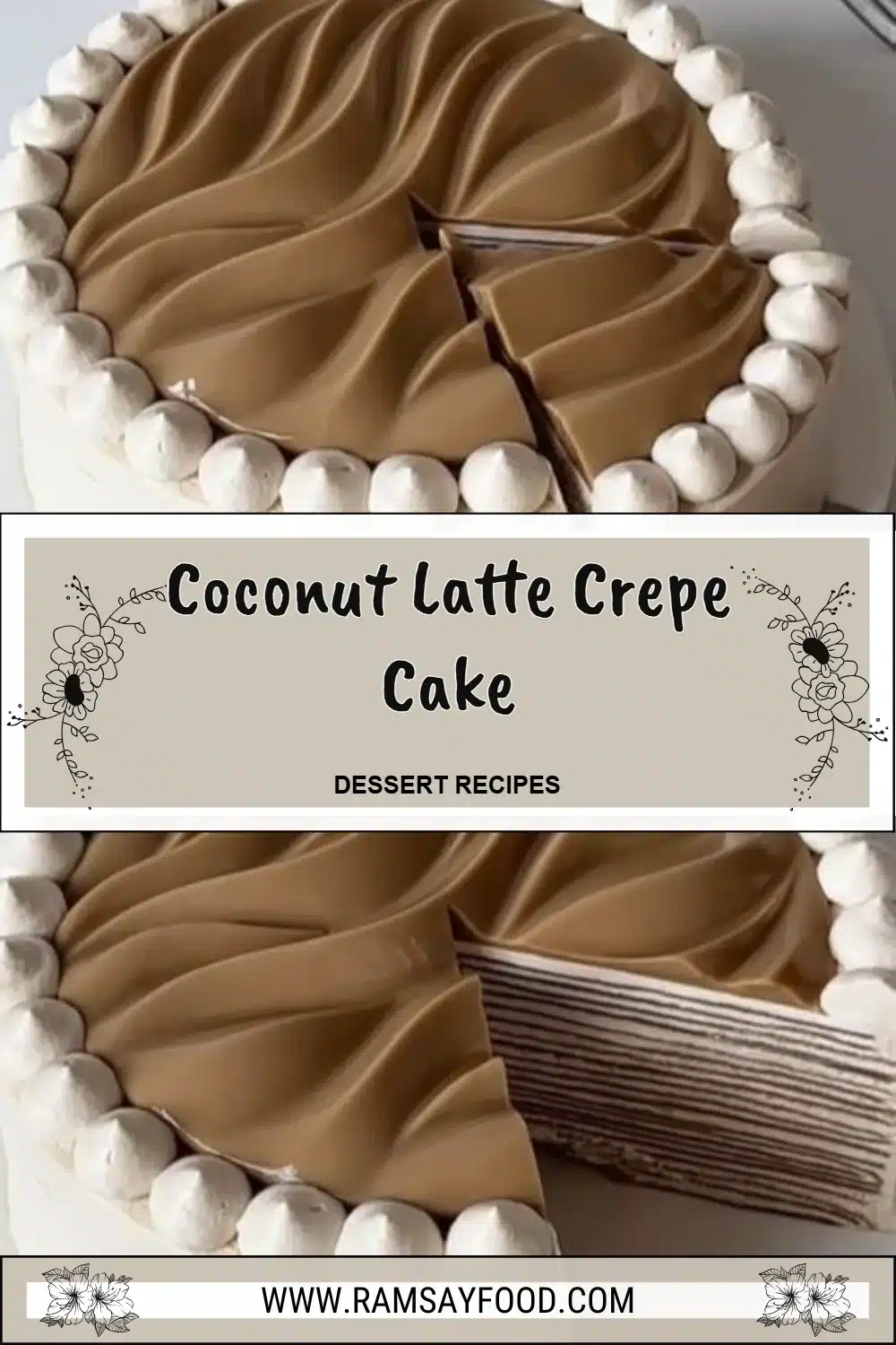 Coconut Latte Crepe Cake 2 Coconut Latte Crepe Cake with layers of coconut and espresso cream
