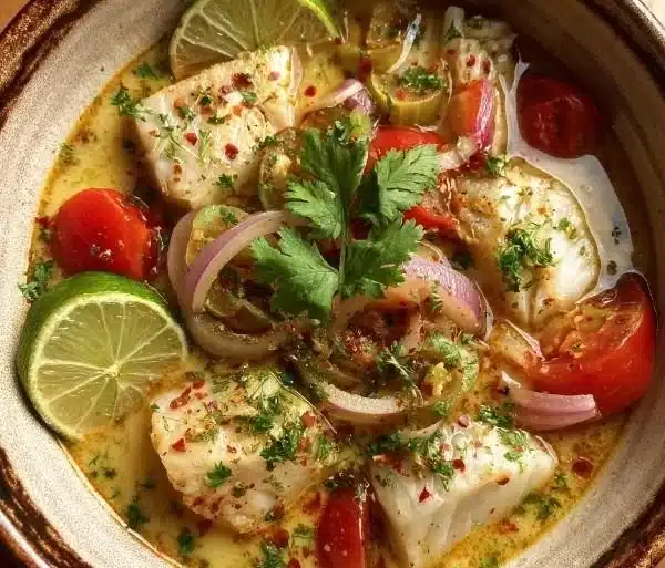 Bowl of Coconut Lime Fish Soup with fresh herbs and lime slices