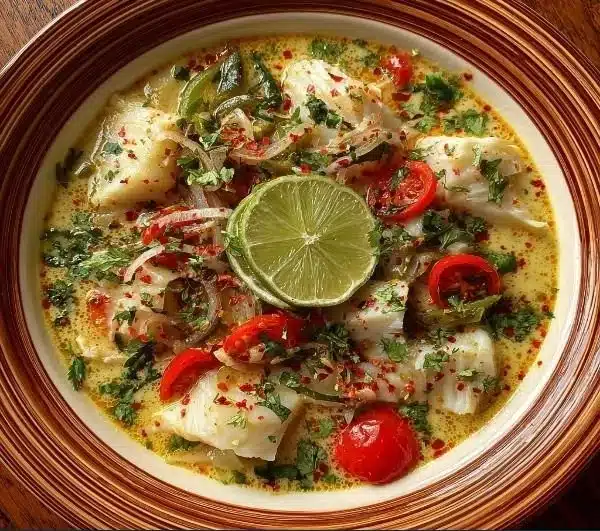 Bowl of Coconut Lime Fish Soup garnished with herbs and lime.