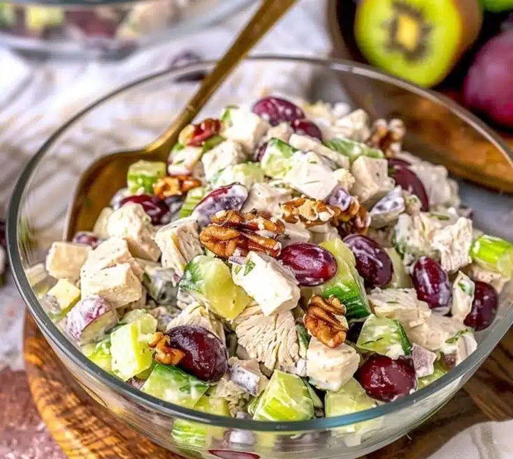 Cold Turkey Waldorf Salad with apples, walnuts, celery, and cranberries