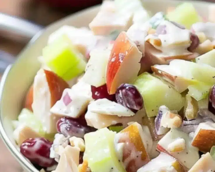 Cold Turkey Waldorf Salad 4 Cold Turkey Waldorf Salad featuring turkey, apples, walnuts, and celery.