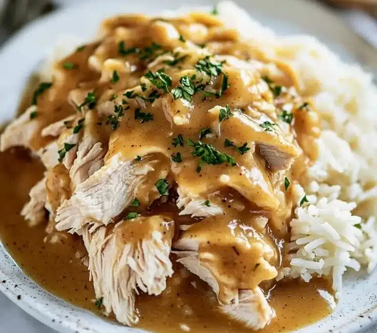 Delicious Crockpot Chicken and Gravy served over mashed potatoes