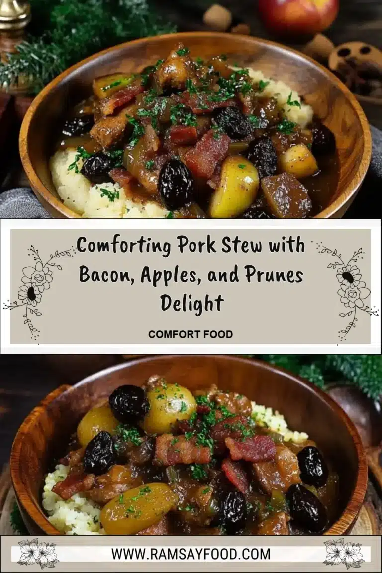 Comforting Pork Stew with Bacon, Apples, and Prunes Delight 8 Bowl of comforting pork stew with bacon, apples, and prunes.