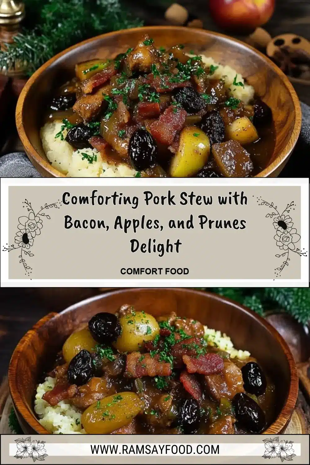 Bowl of comforting pork stew with bacon, apples, and prunes.