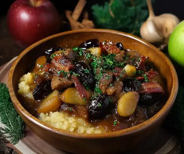 Comforting pork stew with bacon, apples, and prunes in a rustic bowl